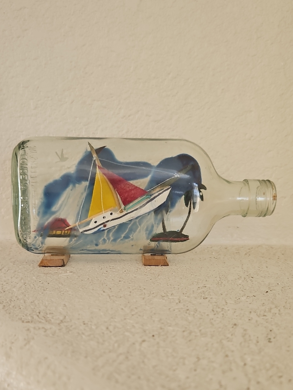 Hand-Painted Glass Bottle Sailboat Art - Yellow & Red Sails